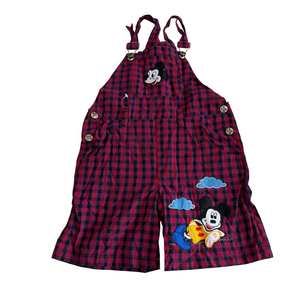 Vtg Y2K 2000s Red Blue Plaid Mickey Mouse Patch Overalls Sz 9 -18 months
